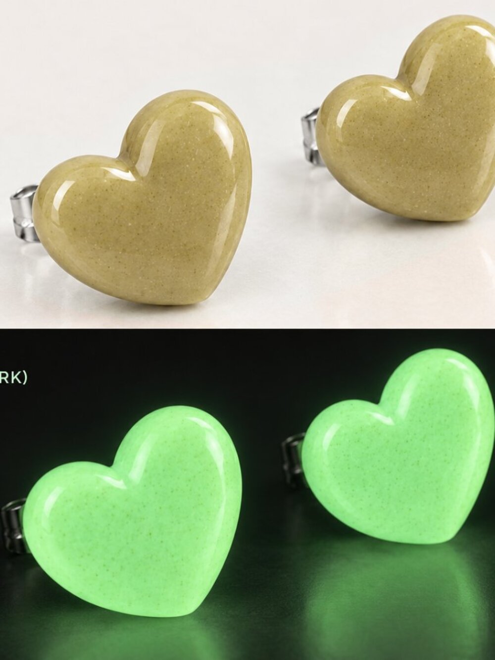 Glow in the Dark Heart Stud Earrings – Handmade Polymer Clay